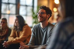 man with glasses sits with other people listening to someone speak about the admissions process and how to get started with treatment